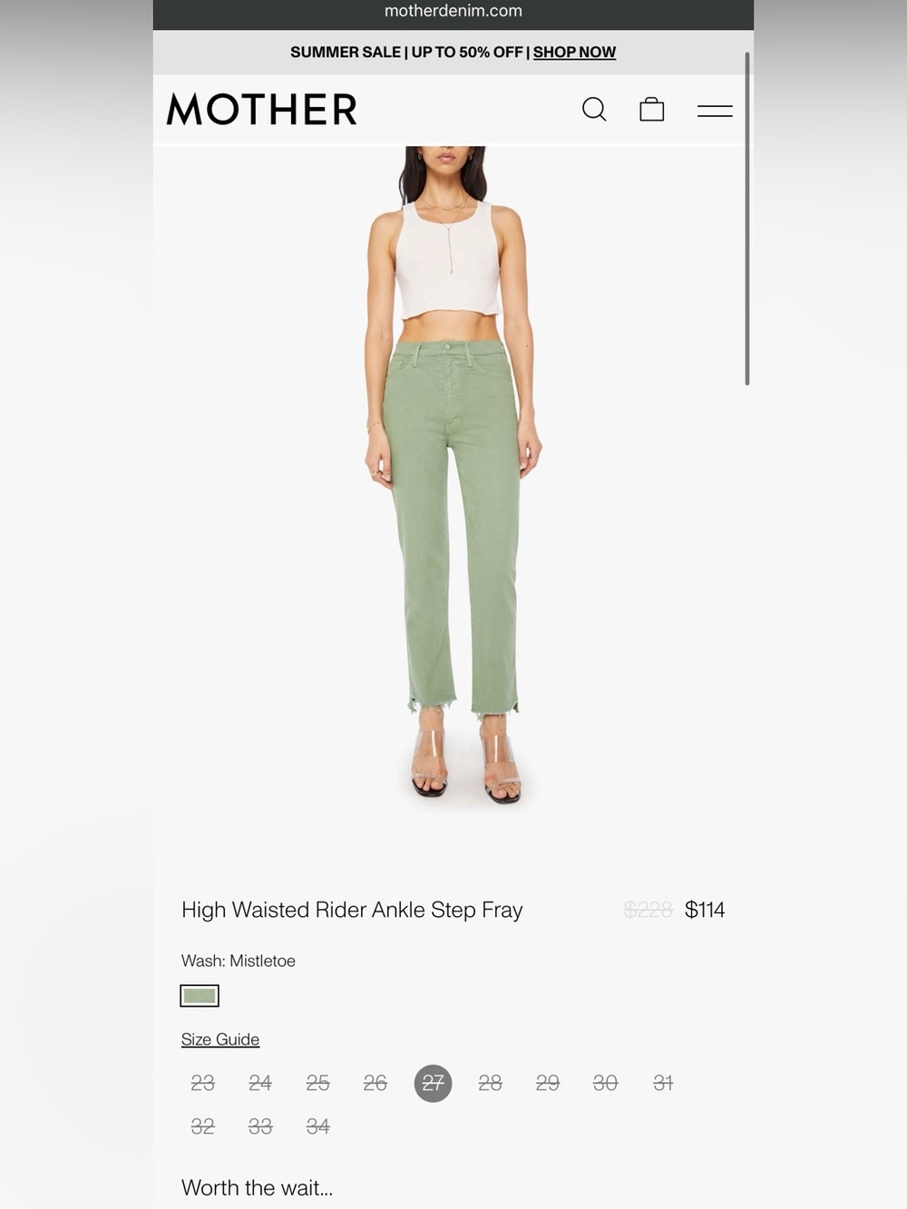MOTHER: HIGH WAISTED RIDER ANKLE STEP FRAY in mistletoe green